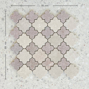 305×305 mm Cairo Rosso Alhambra Mosaic tile sheet featuring beige and rose-toned interlocking cross-shaped tiles on a terrazzo background.