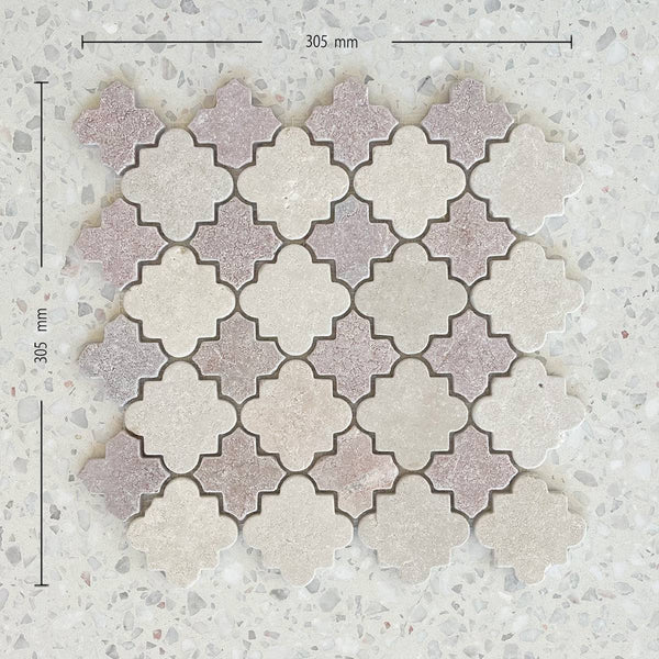 305×305 mm Cairo Rosso Alhambra Mosaic tile sheet featuring beige and rose-toned interlocking cross-shaped tiles on a terrazzo background.