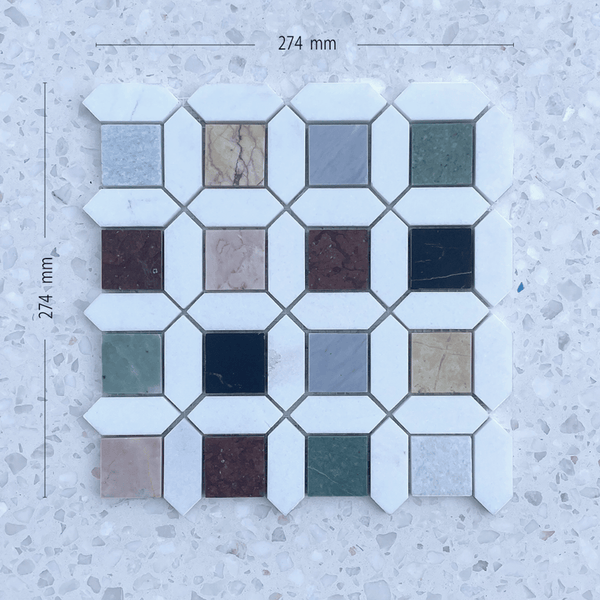 Barcelona Marble Mosaic tile sheet measuring 274×274 mm, featuring multicolour marble squares bordered by angled white marble pieces.