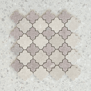 Cairo Rosso Alhambra Mosaic sheet featuring interlocking beige and soft rose-toned tiles in a traditional cross-shaped pattern on a terrazzo background.