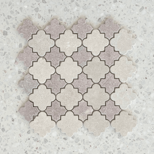 Cairo Rosso Alhambra Mosaic sheet featuring interlocking beige and soft rose-toned tiles in a traditional cross-shaped pattern on a terrazzo background.