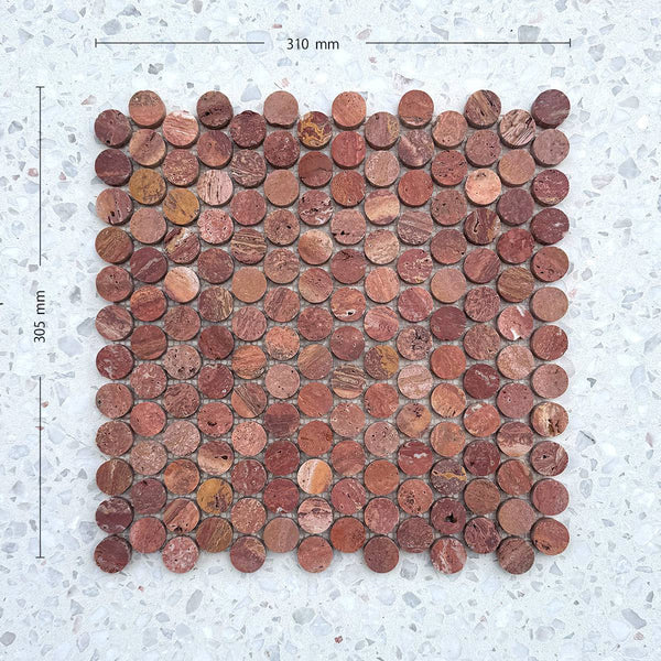 Italian Rosso Travertine Penny Round Mosaic - Stone and Tile Projects