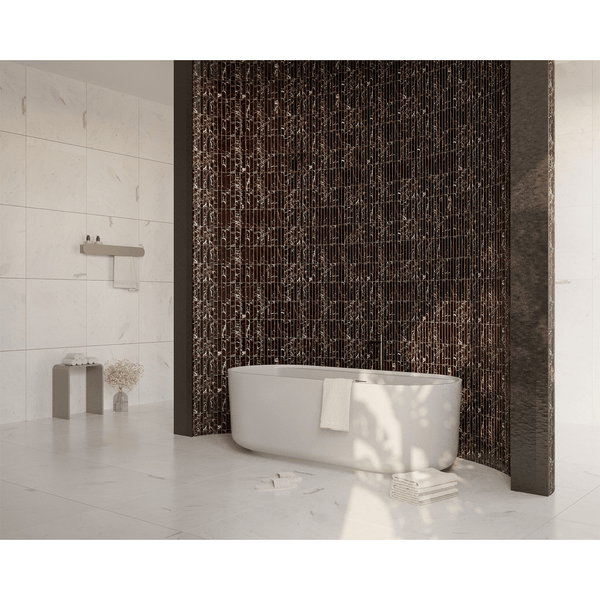 Modern bathroom with a freestanding tub and a Kit Kat Rojo Viola Marble Finger Mosaic feature wall in deep red tones.