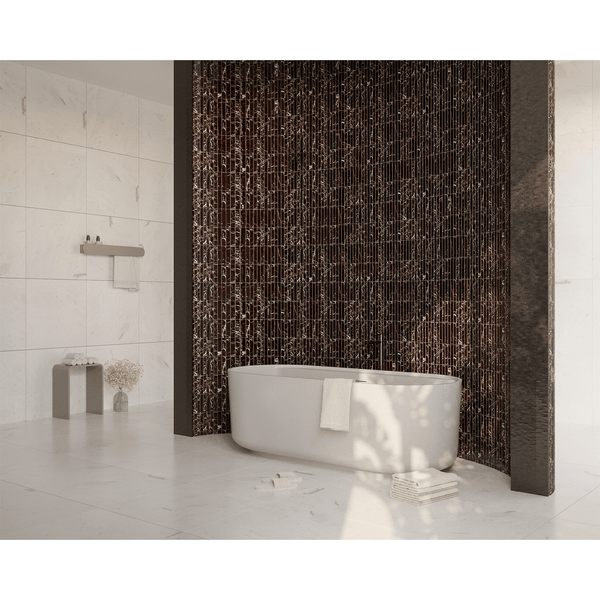 Modern bathroom with a freestanding tub and a Kit Kat Rojo Viola Marble Finger Mosaic feature wall in deep red tones.