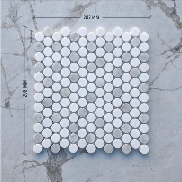 Carrara and Thassos Penny Round Mosaic Dia 23 - Stone and Tile Projects
