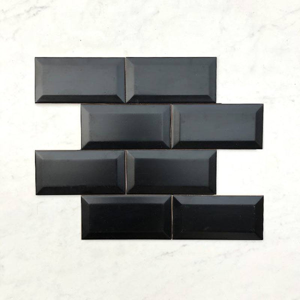 Black Bevelled Subway Ceramic 150x75 - Stone and Tile Projects
