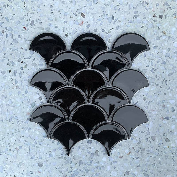 Fan Shape Nero Porcelain Mosaic - Stone and Tile Projects