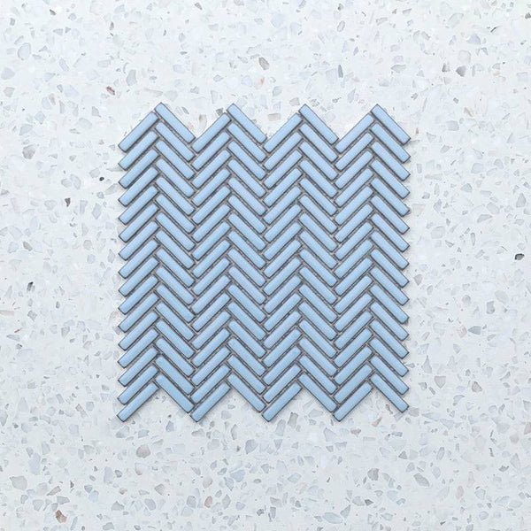 Stix Sky Blue Herringbone Porcelain Mosaic 48x10 - Stone and Tile Projects