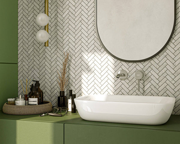 Carrara Bianco Herringbone Mosaic 64x20x7 - Stone and Tile Projects