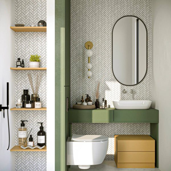 Carrara Bianco Herringbone Mosaic 64x20x7 - Stone and Tile Projects