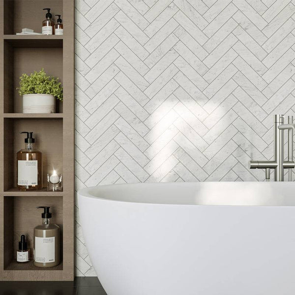 Carrara Bianco Herringbone Mosaic 200x50 - Stone and Tile Projects