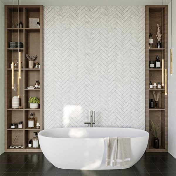 Carrara Bianco Herringbone Mosaic 200x50 - Stone and Tile Projects