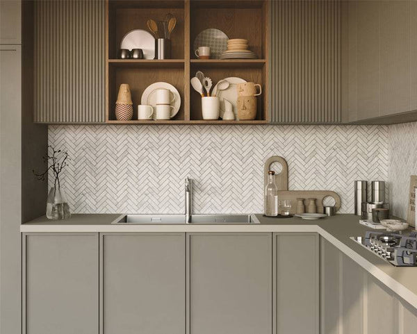 Carrara Bianco Herringbone Mosaic 98x25 - Stone and Tile Projects