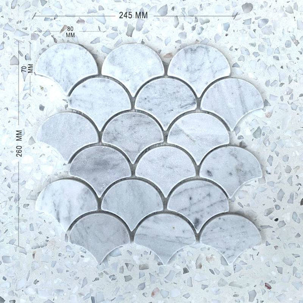 Carrara Bianco Tumbled Fan shaped/ Fish scale Mosaic - Stone and Tile Projects