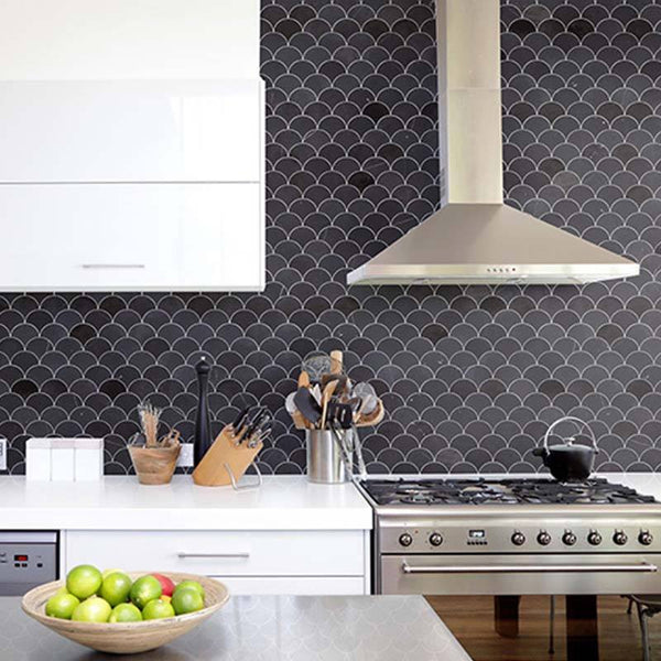 Petersburg Fan Shape Black Porcelain Mosaic - Stone and Tile Projects