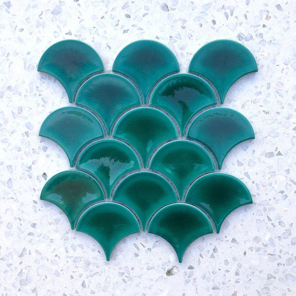 Fan Shape Craqule Reef Green Porcelain Mosaic - Stone and Tile Projects