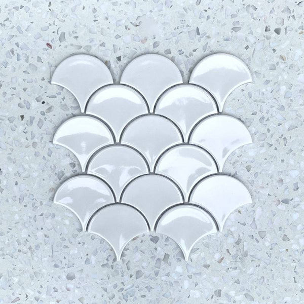 Fan Shape Bianco Porcelain Mosaic - Stone and Tile Projects