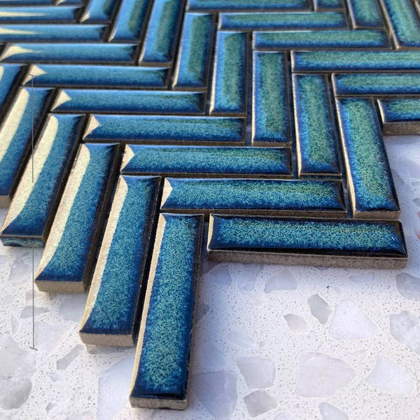 Vintage Green Herringbone Porcelain Mosaic 50x12 - Stone and Tile Projects