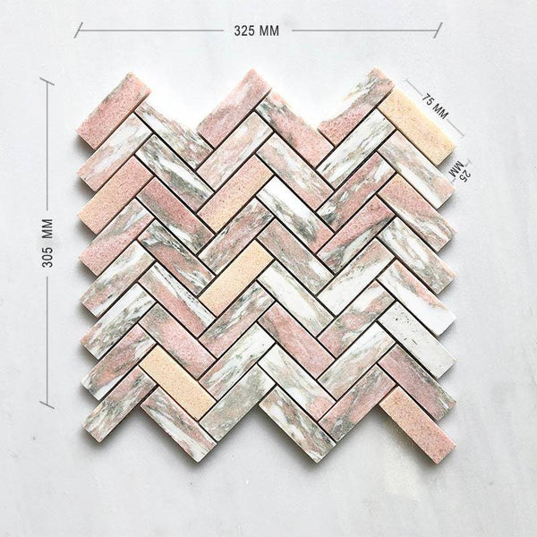 Norwegian Pink Herringbone Honed Marble Mosaic 75 x 25 DIMENSION