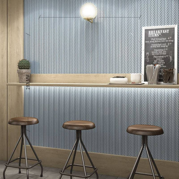 Stix Sky Blue Herringbone Porcelain Mosaic 48x10 - Stone and Tile Projects