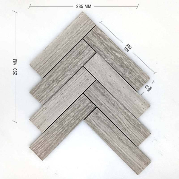 Serpeggiante Bianco Vein Cut Herringbone Mosaic 200x50 Dimension