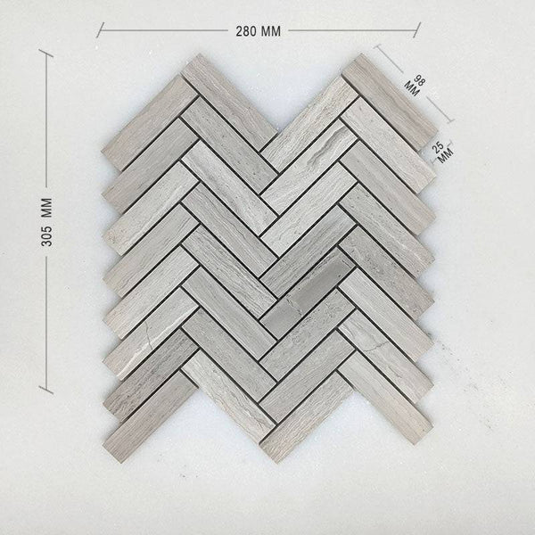 Serpeggiante Bianco Vein Cut Herringbone Mosaic 98x25 Dimension