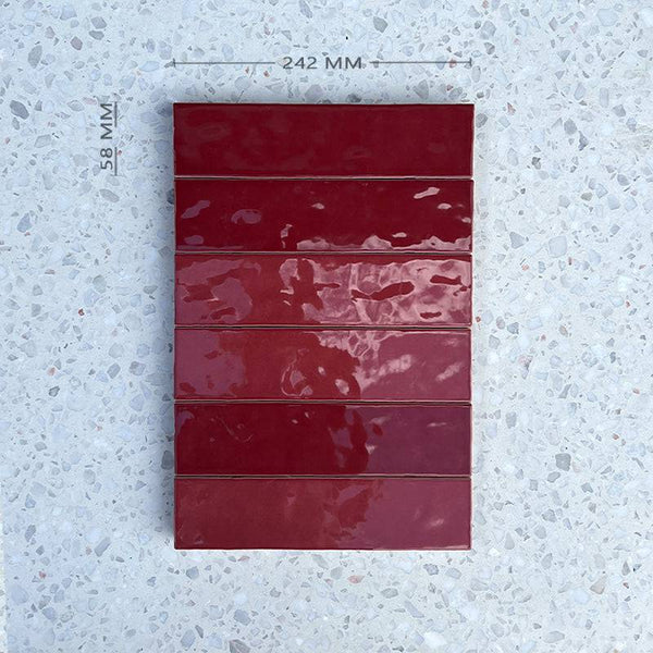 Cass Blush Burgandy Handmade Ceramic Subway 242x58 - Stone and Tile Projects
