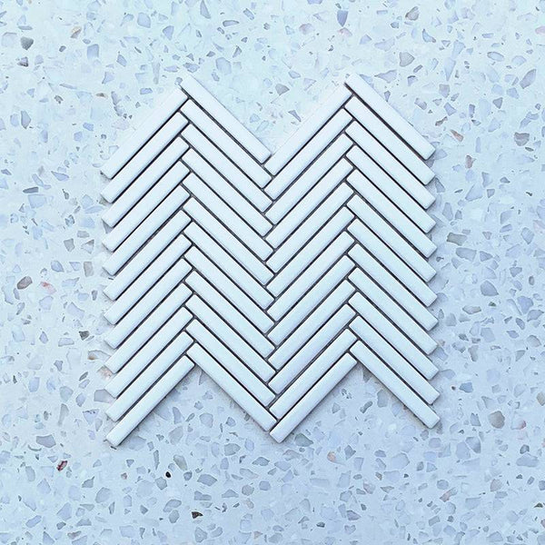 Stix Delux White Herringbone Porcelain Mosaic 92x12 - Stone and Tile Projects