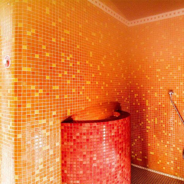 Niebla 2509-C Orange Glass Mosaic Pool Tile - Stone and Tile Projects
