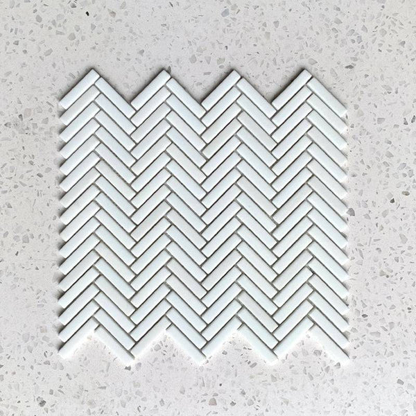 Stix white Herringbone Porcelain Mosaic 48x10 - Stone and Tile Projects