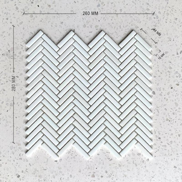 Stix white Herringbone Porcelain Mosaic 48x10 - Stone and Tile Projects