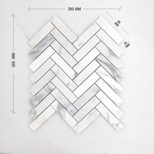 Calacatta Staturio Herringbone 98x25 Dimension