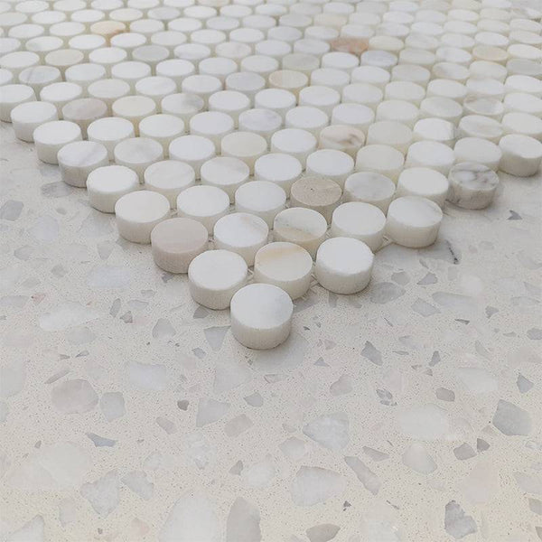 Calacatta Gold Marble Penny Round Mosaic - Stone and Tile Projects