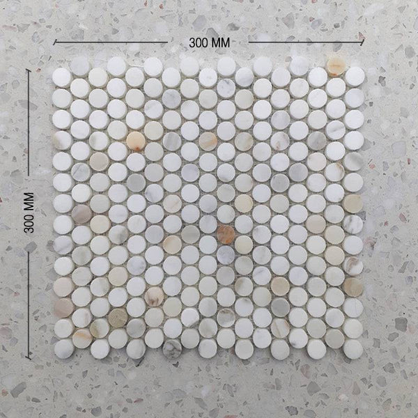 Calacatta Gold Marble Penny Round Mosaic - Stone and Tile Projects