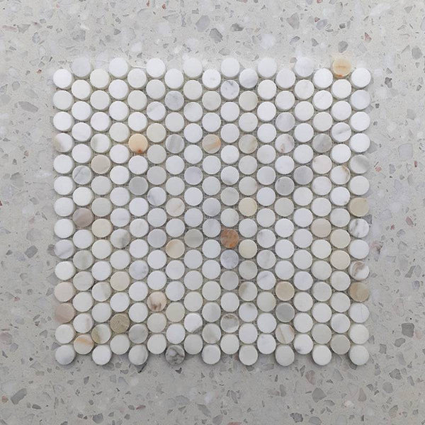 Calacatta Gold Marble Penny Round Mosaic - Stone and Tile Projects