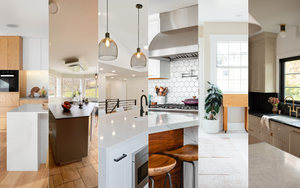 a vertical crop of six different kitchen interior designs put together