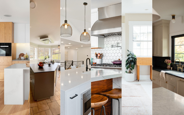 a vertical crop of six different kitchen interior designs put together