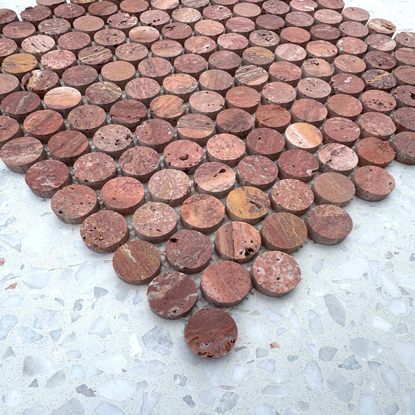 Italian Rosso Travertine Penny Round Mosaic