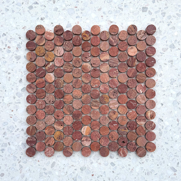 Italian Rosso Travertine Penny Round Mosaic