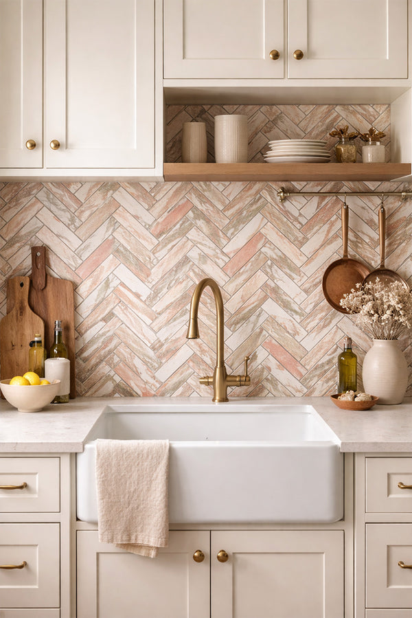 Norwegian Pink Herringbone Mosaic 98x25 - Stone and Tile Projects 