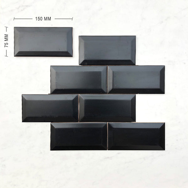 Black Bevelled Subway Ceramic 150x75 Dimension