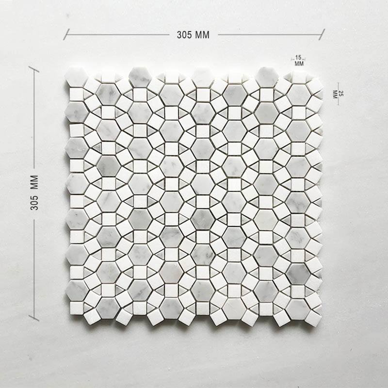 Carrara Bianco and Thassos Moroccan Geometria Marble Mosaic Dimension