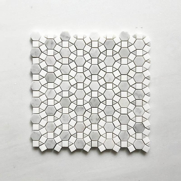 Carrara Bianco and Thassos Moroccan Geometria Marble Mosaic