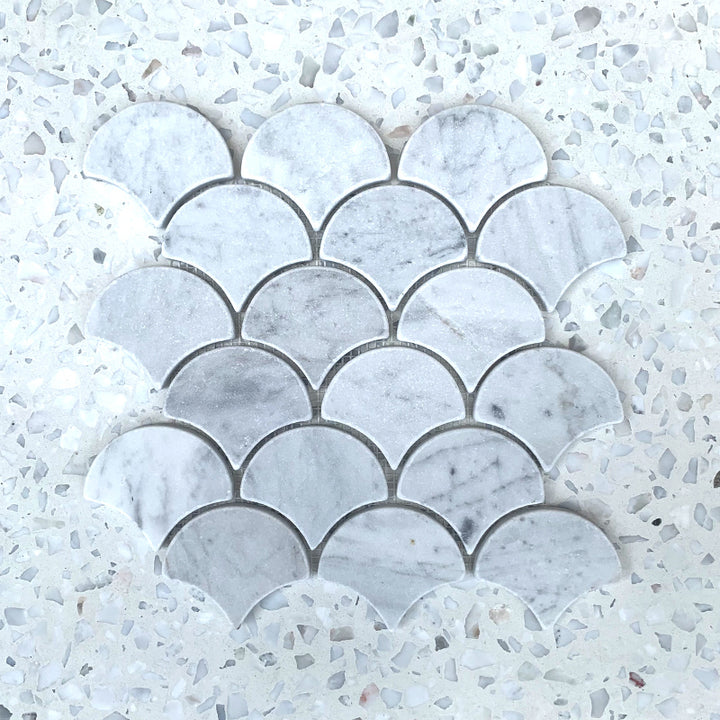 Carrara Bianco Tumbled Fan shaped/ Fish scale Mosaic