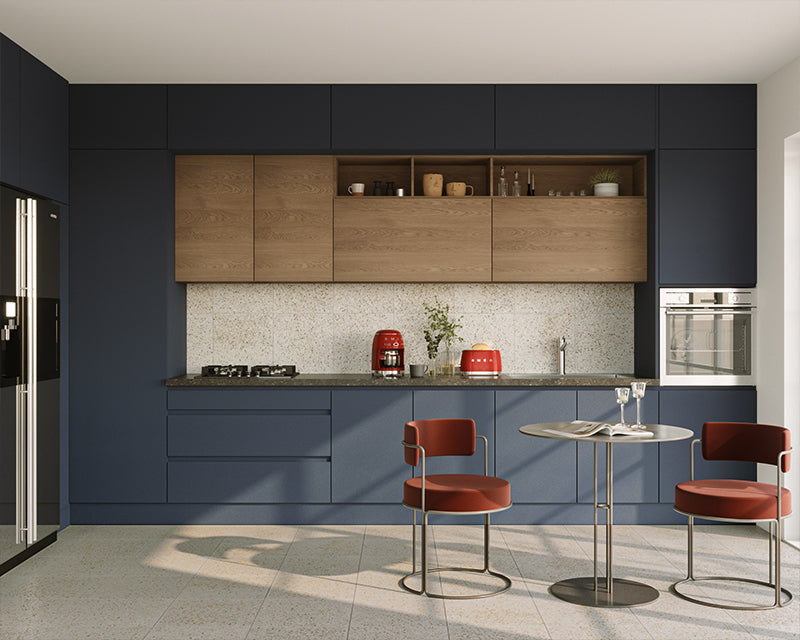 modern kitchen design with blue countertop and a touch red in the design