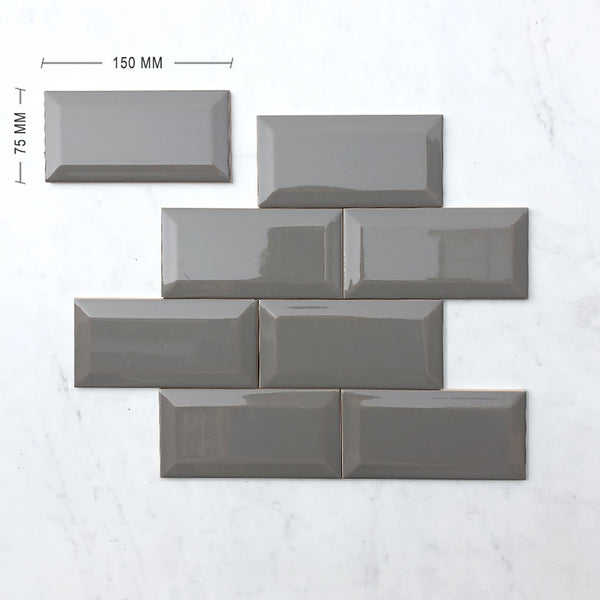 Dark Grey Bevelled Subway Ceramic 150x75 Dimension