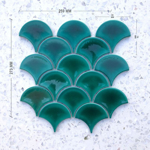 Fan Shape Craqule Reef Green Porcelain Mosaic