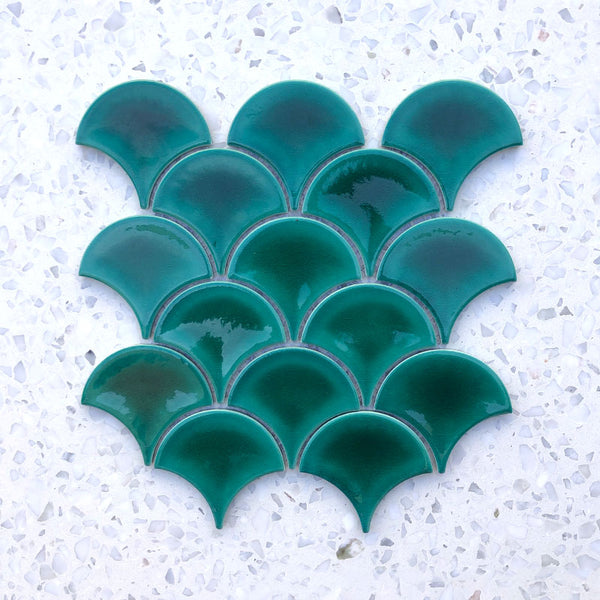 Fan Shape Craqule Reef Green Porcelain Mosaic