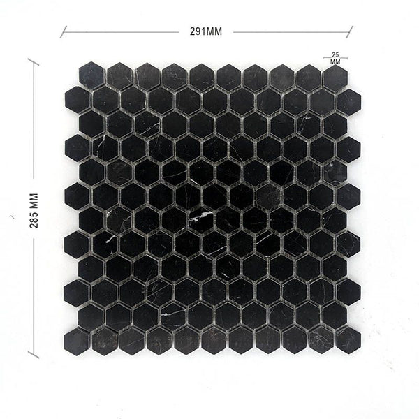 Nero Marquina Hexagon Mosaic 25 Dia Dimension