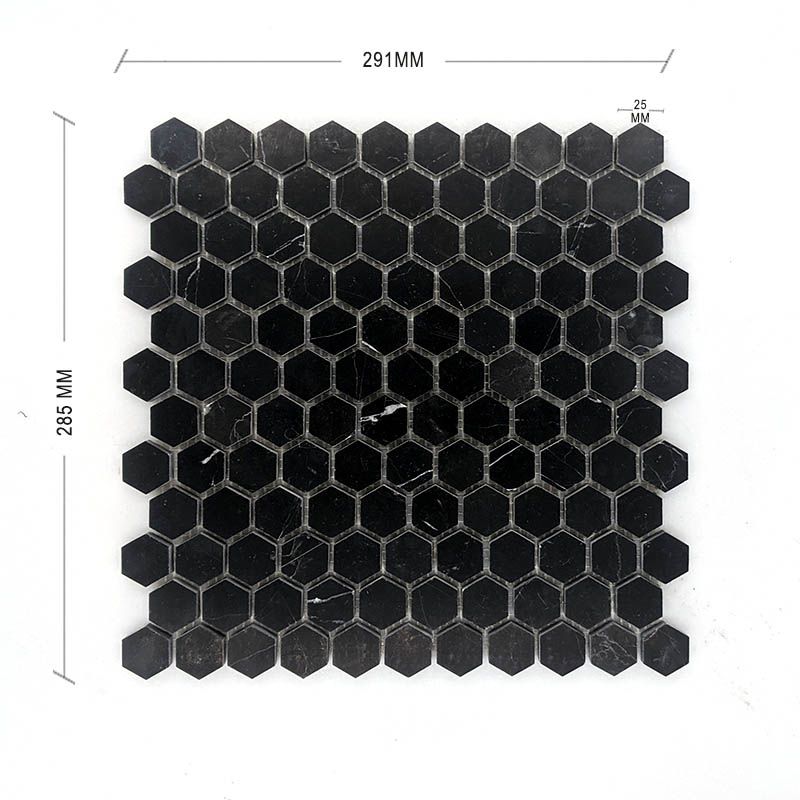 Nero Marquina Hexagon Mosaic 25 Dia Dimension